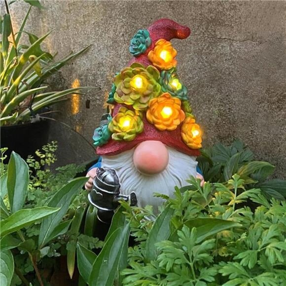 Garden Gnome Statue Outdoor Decor, Resin Gnome Figurine with Watering Can - Picture 7 of 8